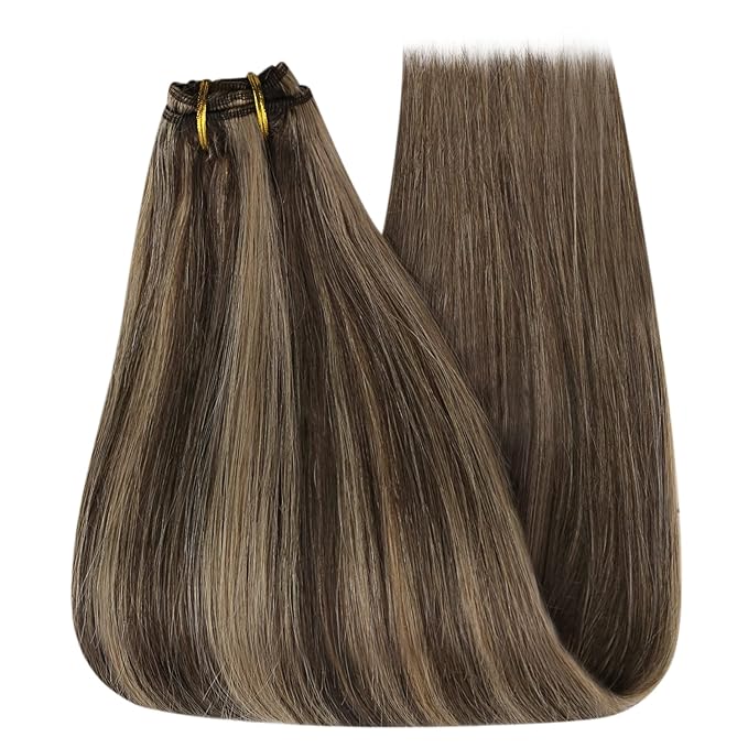 YoungSee Weft Hair Extensions Balayage Sew in Hair Extensions Dark Brown Mix Caramel Blonde Highlights Human Hair Weft Extensions Brown 20Inch 100G