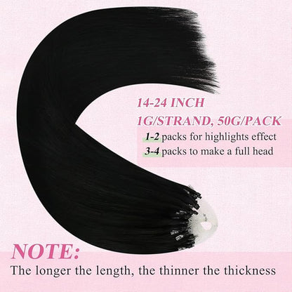 YoungSee Micro Beads Hair Extensions Black Microbead Hair Extensions Human Hair Jet Black Bead Hair Extensions for Women 24 Inch Hair Extensions Bead Hair Extensions Real Human Hair Natural 50s 50g