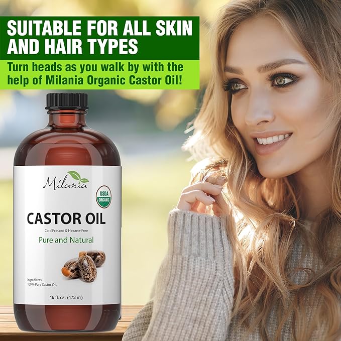 MILANIA Organic Castor Oil - Glass Bottle - Cold Pressed & Hexane-Free (16 fl. oz.)