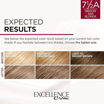 L'Oreal Paris Excellence Creme Permanent Triple Care Hair Color, 7.5A Medium Ash Blonde, Gray Coverage For Up to 8 Weeks, All Hair Types, Pack of 1