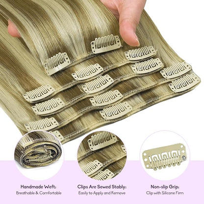 Blonde Clip in Hair Extensions Real Human Hair 8pcs Per Set with Double Weft 100% Seamless Blonde Hair Extensions for Women #8p613 Mixed Bleach Blonde 22inch 110g/4oz