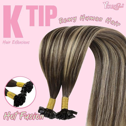YoungSee Ombre Ktip Hair Extensions Balayage Brown Ombre Blonde K Tip Extensions Ombre 18In 50s/50g Silky Straight
