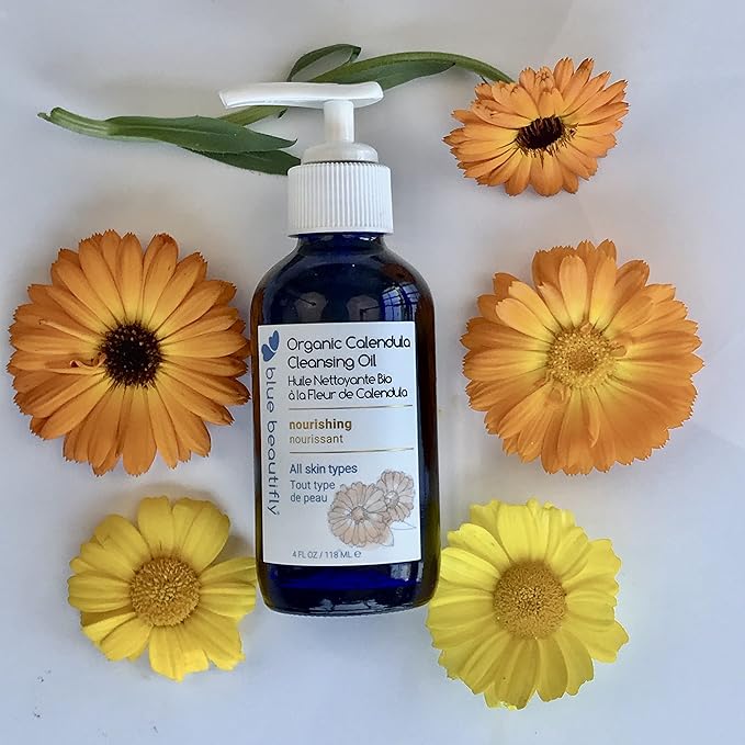 Blue Beautifly USDA Certified Organic Calendula Cleansing Oil - Removes Makeup, Cleanses Pores, and Restores Protective Barrier - Enriched with Apricot Oil and Turmeric Extract - 4 fl oz