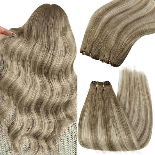 YoungSee Sew in Hair Extensions Balayage Brown Weft Hair Extensions Human Hair Medium Brown Fading to Brown Mix Platinum Soft Sew in Hair Extensions Real Human Hair Hair Loss Coverage 100G 16Inch