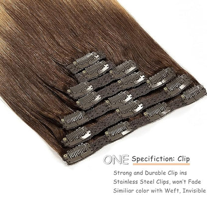 Caliee Clip in Hair Extensions Human Hair T3-12 Darker Brown Fading to Light Golden Brown Balayage Hair Extensions for Full Head 22Inch Seamless Silky Straight Real Hair Clip in Extensions 7 PCS 140G