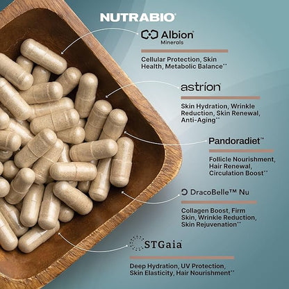 NutraBio Hair Skin Nails Vitamins| Enhanced Collagen Support | Skin Hydration | for Men & Women with Biotin, Keratin, Hyaluronic Acid & More- 90 Capsules