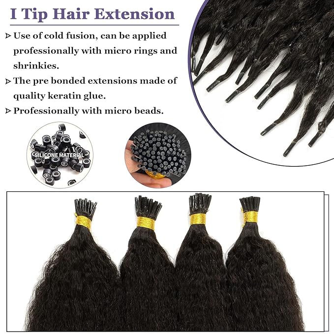 Anrosa I Tip Hair Extensions Human Hair Kinky Straight Pre Bonded Itip Real Human Hair Black Invisible Curly Natural Black Kinky Itip Human Hair Extensions For Black Women 18 Inch 50g