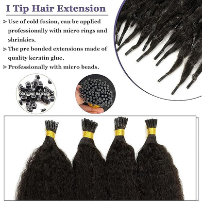 Anrosa I Tip Hair Extensions Human Hair Kinky Straight Pre Bonded Itip Real Human Hair Black Invisible Curly Natural Black Kinky Itip Human Hair Extensions For Black Women 18 Inch 50g
