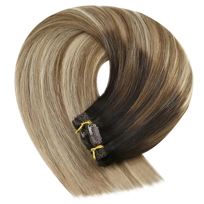 YoungSee 135g Human Hair Extensions Clip in Balayage Clip in Hair Extensions Dark Brown Roots Blending into Medium Brown with Warm Blonde For Special Occasions 18inch 7pcs