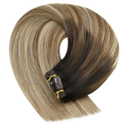 YoungSee 135g Human Hair Extensions Clip in Balayage Clip in Hair Extensions Dark Brown Roots Blending into Medium Brown with Warm Blonde For Special Occasions 18inch 7pcs