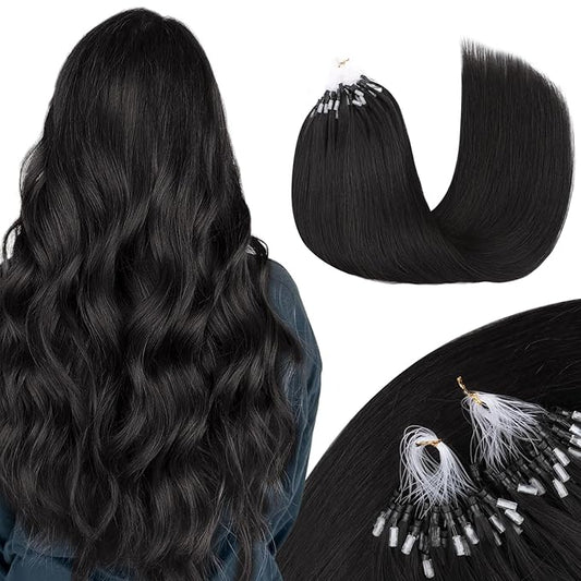 MAXITA Microlink Hair Extensions Human Hair Natural Black Micro Bead Hair Extensions Virgin Human Hair, 50g/50 Strands/Pack, 16 In