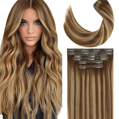 Lacer Seamless Clip in Hair Extensions 7Pcs 130g Clip in Hair Extensions Real Human Hair Chocolate Brown to Caramel Blonde With Brown Roots 18 Clips Invisible PU Skin Weft 16inch For Women