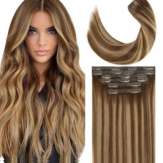 Lacer Seamless Clip in Hair Extensions 7Pcs 130g Clip in Hair Extensions Real Human Hair Chocolate Brown to Caramel Blonde With Brown Roots 18 Clips Invisible PU Skin Weft 16inch For Women