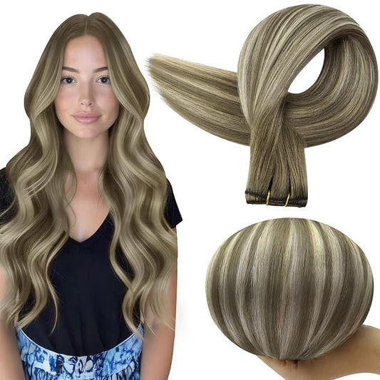Full Shine Sew In Hair Extensions Remy Straight Hair Weft Extensions Color 7/7/800 Ash Brown To Blonde Mix Brown Human Hair Weft Extensions For Women Manchine Tied Solky Hair 20 Inch 105G