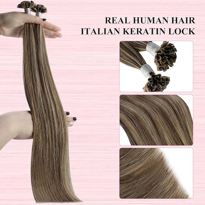 YoungSee Highlight U Tip Hair Extensions Human Hair Brown with Blonde U Tips Human Hair Extensions Brown Utip Real Hair Extensions Brown Hot Fusion Extensions Highlight K Tip Extensions 22In 1G/S 50G