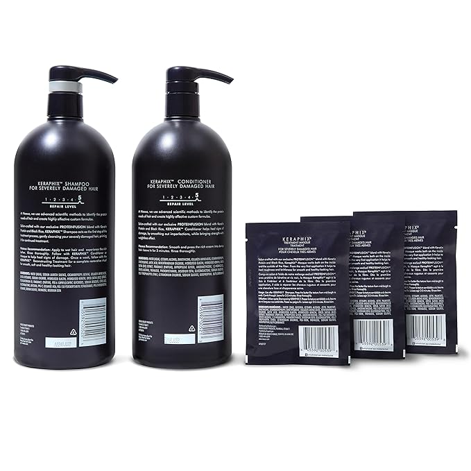 Nexxus Keraphix Shampoo and Conditioner - Damaged Hair Treatment System with Keratin Protein and Black Rice, 2 Count & 3 Repair Masks Treatment, 33.8 oz, 1.5 oz, 3 Count, 5 Count ( Pack of 1)