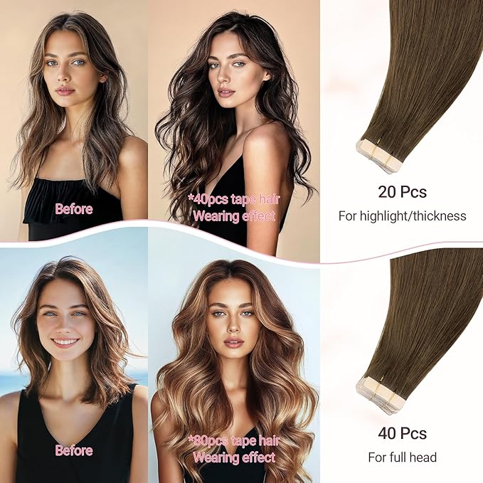 MAXITA Tape in Extensions, 20 Inch 20pcs 50g, Remy Human Hair Tape in Hair Extensions Real Human Hair, Honey Brown Straight Thick Ends Tape Ins Skin Weft Hair Extensions for Women
