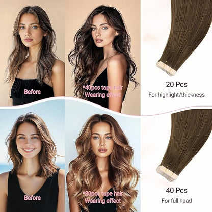 MAXITA Tape in Extensions, 20 Inch 20pcs 50g, Remy Human Hair Tape in Hair Extensions Real Human Hair, Honey Brown Straight Thick Ends Tape Ins Skin Weft Hair Extensions for Women