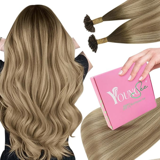 YoungSee U Tip Hair Extensions Balayage Keratin Tip Hair Extensions Balayage 24 Inch Long Utip Extensions Dark Brown Ombre Brown with Blonde U Tips Hair Extensions Real Human Hair for Women 50s/50g