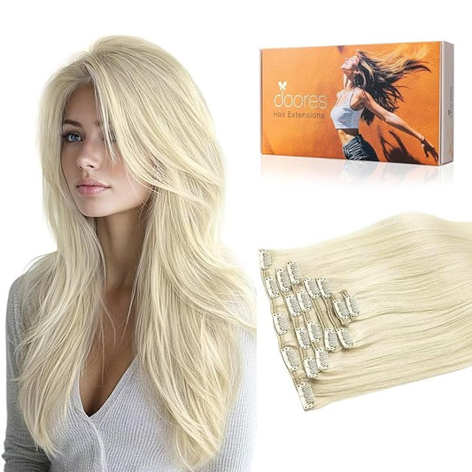 DOORES Hair Extensions Real Human Hair Clip in, Platinum Blonde 18 Inch 135g 7pcs, Remy Extensions Clip ins Silky Straight Thick for Women