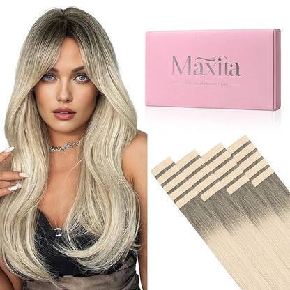 MAXITA Tape in Hair Extensions Human Hair Light Ash Brown to Ash Blonde 14 Inch Straight Seamless Invisible Skin Weft Thick Soft Silky Human Hair Extensions Tape