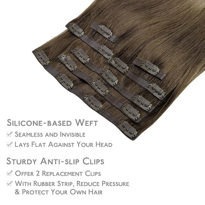 WENNALIFE Seamless Clip In Hair Extensions, 16 Inch 7pcs 130g Ombre Walnut Brown to Ash Brown and Bleach Blonde, Invisible PU Weft Natural Real Human Hair Extensions