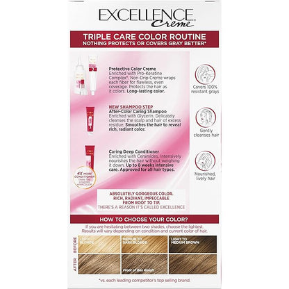 L'Oreal Paris Excellence Creme Permanent Triple Care Hair Color, 7.5A Medium Ash Blonde, Gray Coverage For Up to 8 Weeks, All Hair Types, Pack of 1