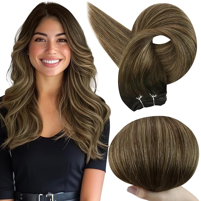 Full Shine Weft Hair Extensions Human Hair 22 Inch 105g Balayage Dark Brown to Caramel Blonde Sew in Hair Extensions Real Human Hair Weft Extensions Sew in Hair Bundles Full Head