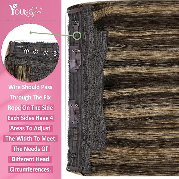 YoungSee 120G Wire Hair Extensions Highlight Fish Line Hair Extensions Human Hair Dark Brown Highlight Blonde Invisible Wire Real Human Hair Extension Heat-Styable for Party 18inch