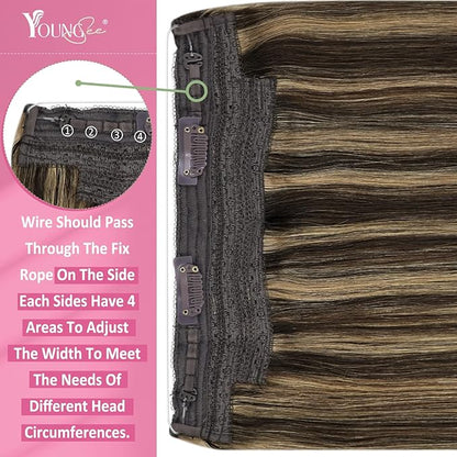 YoungSee 120G Wire Hair Extensions Highlight Fish Line Hair Extensions Human Hair Dark Brown Highlight Blonde Invisible Wire Real Human Hair Extension Heat-Styable for Party 18inch