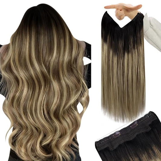 YoungSee Wire Hair Extensions Balayage Brown Invisible Wire Extensions Human Hair Dark Brown Roots Blending into Medium Brown with Warm Blonde Highlights Hair Extensions for Short Hair 70G 12Inch