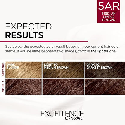 L'Oreal Paris Excellence Creme Permanent Triple Care Hair Color, 5AR Medium Maple Brown, Gray Coverage For Up to 8 Weeks, All Hair Types, Pack of 1