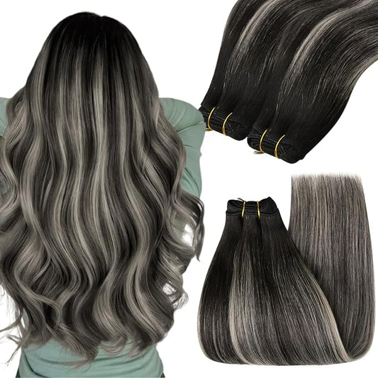 YoungSee Weft Human Hair Extensions Ombre Black Human Hair Weft Extensions Blend of Black and Silver with Black Roots Black Sew in Hair Extensions Human Hair Soft and Comfortable 22Inch 100G