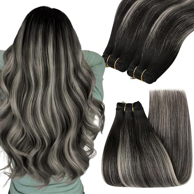 YoungSee Weft Hair Extensions Ombre Black Sew in Hair Extensions Real Human Hair Blend of Black and Silver with Black Roots Human Hair Weft Extensions for Short 100G 14Inch