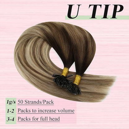 YoungSee Utip Hair Extensions Balayage Keratin Hair Extensions Human Hair U Tip Brown Ombre Blonde with Brown U Tips Natural Human Hair Balayage 20In Hot Fusion Hair Extensions for Wedding 50s/50g