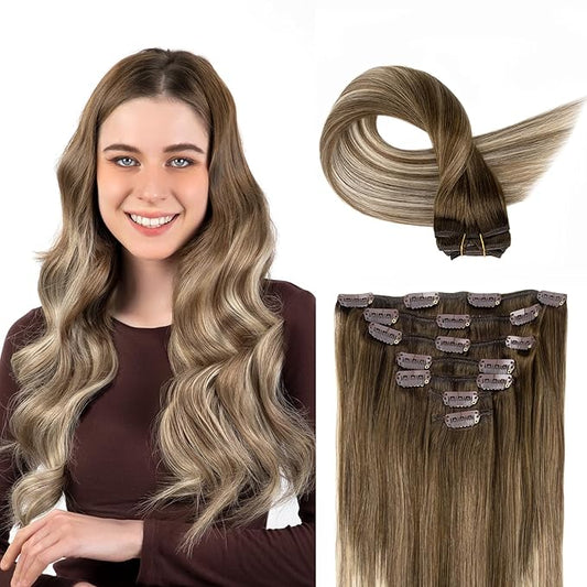 Clip in Hair Extensions Real Human Hair, Silky Straight Remy Hair Extensions for Women, Balayage Walnut Brown to Ash Brown and Bleach Blonde #3TP8/613 16Inch 120G 7PCS
