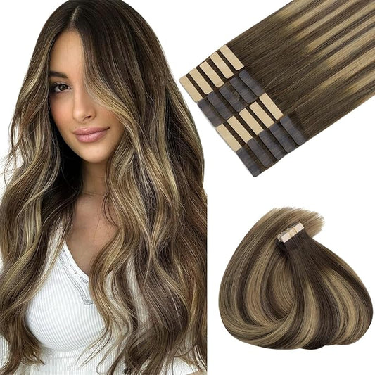 MAXITA Tape in Hair Extensions Human Hair, Balayage Chocolate Brown to Caramel Blonde, 24inch 50g 20pcs, Remy Silky Real Human Hair Extensions Thick Ends Straight Seamless Tape in Hair Extensions