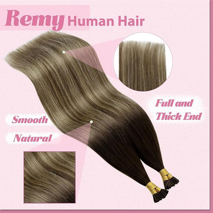 YoungSee I Tip Hair Extensions Balayage Tip Hair Extensions Balayage Brown with Blonde I Tips Human Hair Extensions 18 Inch Invisible I Tip Hair Ombre for Adding Hair Volume 50g 60s Remy Hair