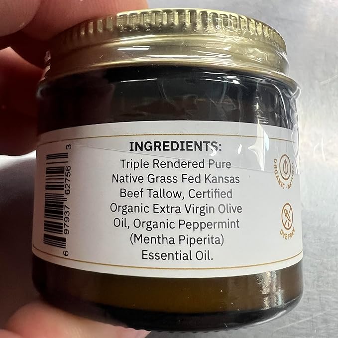 Beef Tallow Balm - 2 oz - Grown and Made in USA - Organic Grass Fed and Finished Tallow - Moisturizing Skin Care Peppermint