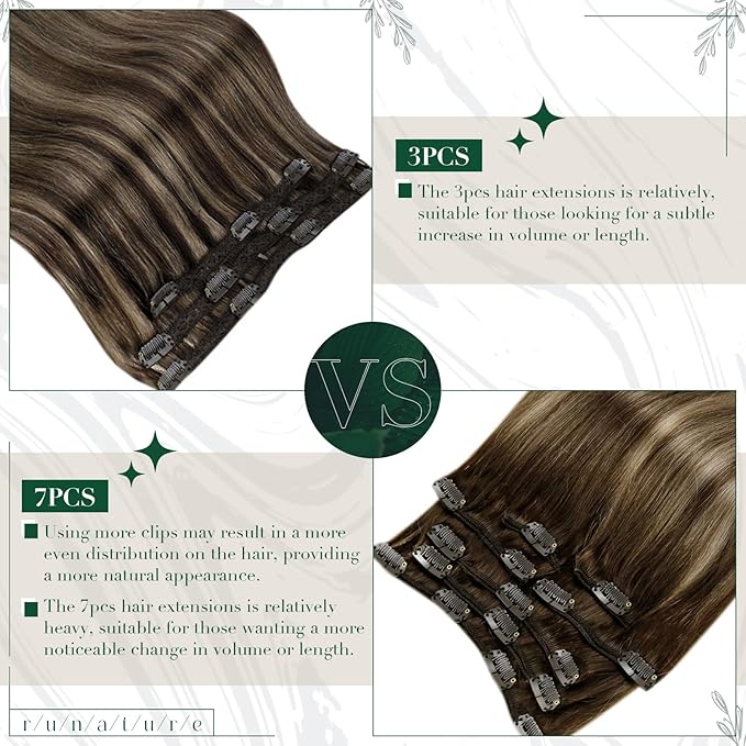 RUNATURE Clip in Hair Extensions Real Human Hair, Brown Clip in Extensions with Highlights, Remy Naural Hair for Women Silky Straight 10 Inch 50g 3pcs #2P8A Dark Brown Mix Light Brown