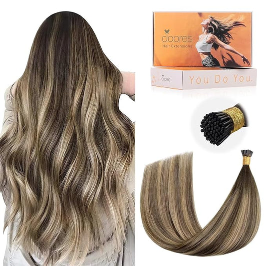 DOORES I Tip Hair Extensions, Balayage Chocolate Brown to Honey Blonde 24 Inch 50g/50s, Invisible I Tips Extensions Cold Fusion Hair Extensions Silky Straight Hair Extensions Itip Extensions