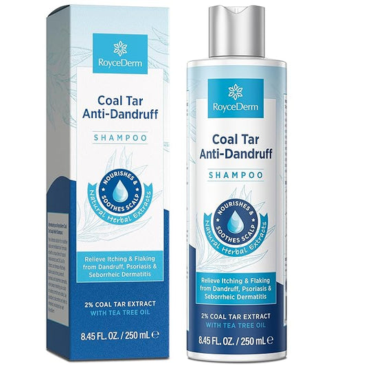 RoyceDerm Coal Tar Dandruff Shampoo: Extra Strength 2% Coal Tar Extract Medicated Gel for Rapid Scalp Hair Relief targets dandruff, psoriasis, and seborrheic dermatitis - Hydrating & Natural Fragrance