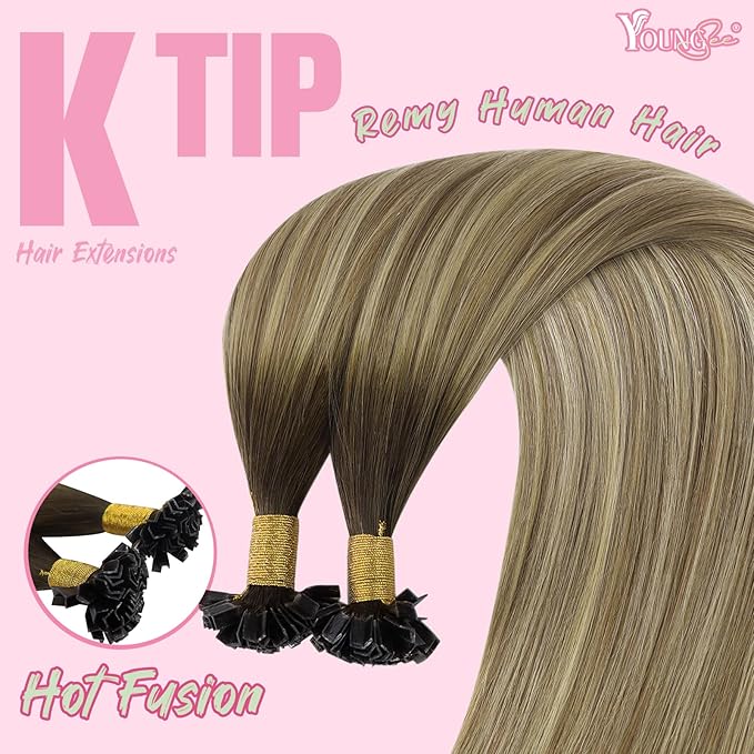 YoungSee K Tip Extensions Human Hair Balayage Brown K Tip Extensions Real Human Hair Dark Brown Ombre Brown Mix Blonde Fusion Hair Extensions Human Hair for Long Hair 22 Inch 50s/50g
