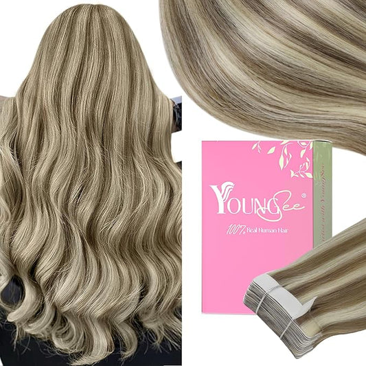 YoungSee Tape in Extensions Human Hair Highlight Brown Tape Hair Extensions Real Human Hair Light Brown Highlight Blonde Tapein Hair Extensions Real Human Hair Remy Silky Straight 16 Inch 20pcs 50g