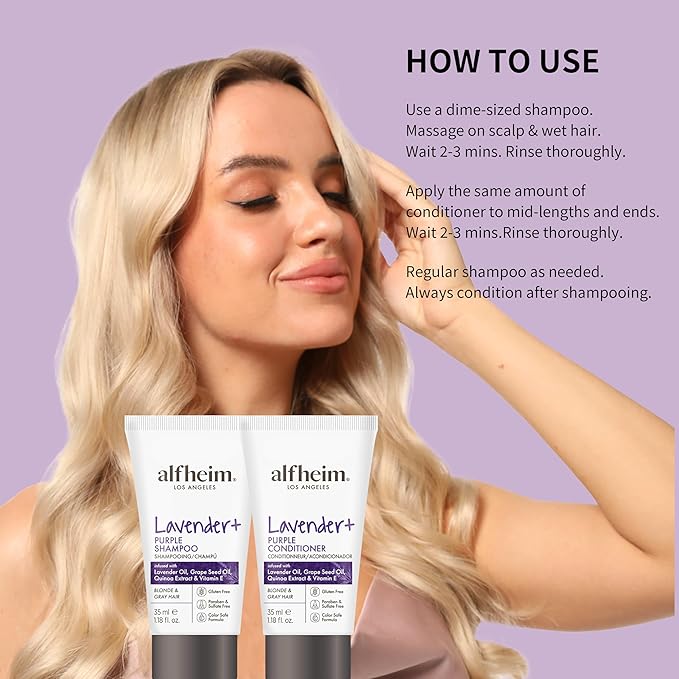 ALFHEIM Lavender+ Purple Shampoo & Conditioner Travel Set | Tone-Correcting for Blonde, Silver & Gray Hair | Neutralizes Brass & Yellow Tones | Moisturizes, Protects Color & Adds Shine | 1.18oz*2