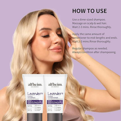 ALFHEIM Lavender+ Purple Shampoo & Conditioner Travel Set | Tone-Correcting for Blonde, Silver & Gray Hair | Neutralizes Brass & Yellow Tones | Moisturizes, Protects Color & Adds Shine | 1.18oz*2