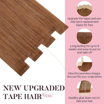 MAXITA Human Hair Tape in Extensions, Invisible Tape in Hair Extensions Human Hair Straight Remy Hair, Olive Auburn 14 Inch 50g 20pcs Hair Extensions Real Human Hair
