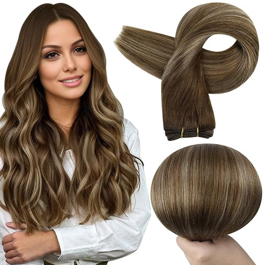 Full Shine Sew In Hair Extensions Real Human Hair Weft Color Brown To Blonde Mix Brown Machine Tied Weft Extensions Soft Hair Invisible Human Hair Sew In Extensions 12 Inch 80G
