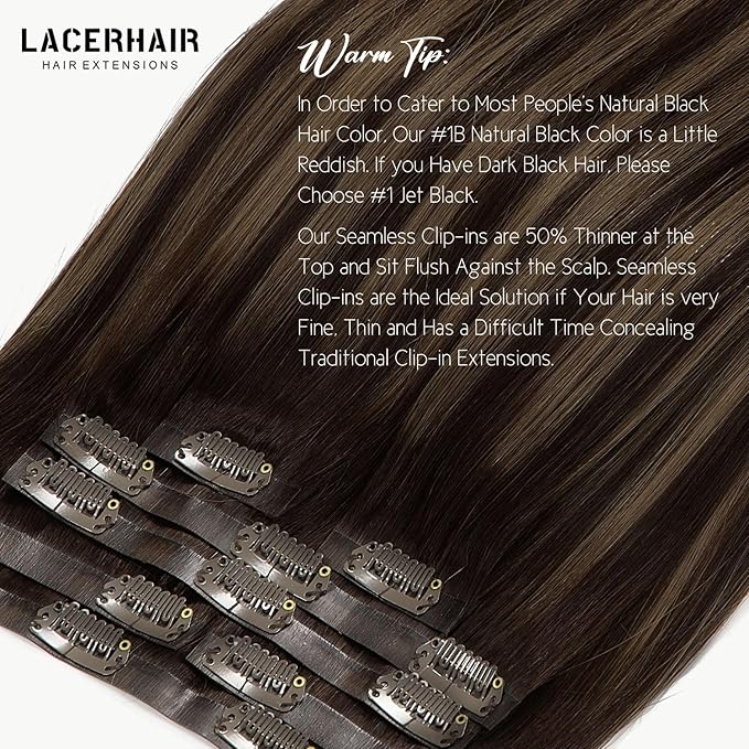 Lacer Clip in Hair Extensions Real Human Hair 16in 7Pcs Seamless Human Hair Clip in Extensions Balayage Natural Black to Chestnut Brown 18 Clips 110 Grams PU Skin Weft For Women