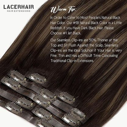 Lacer Clip in Hair Extensions Real Human Hair 16in 7Pcs Seamless Human Hair Clip in Extensions Balayage Natural Black to Chestnut Brown 18 Clips 110 Grams PU Skin Weft For Women